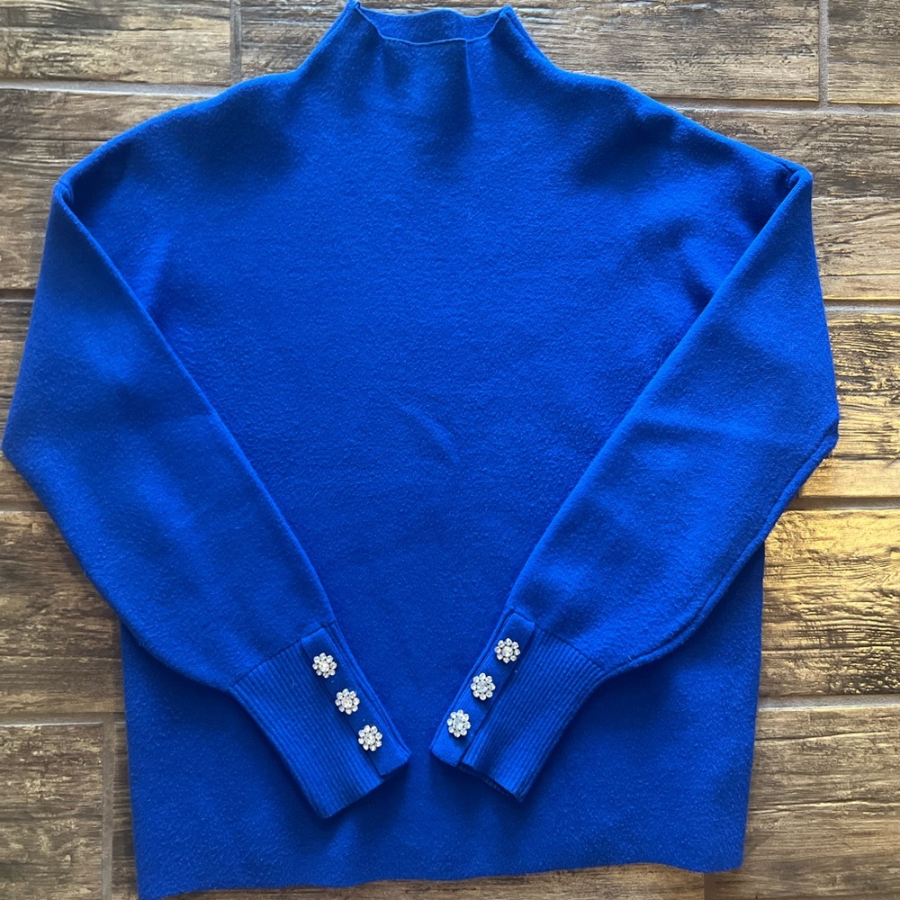 Tahari Vibrant Blue Mock Turtleneck Sweater with Button Details